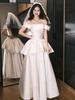 One-word Shoulder Satin Light Wedding Dress, Wedding Engagement Bow, White Niche Travel Photo Evening Dress, Going Out Dress, Fluffy Skirt