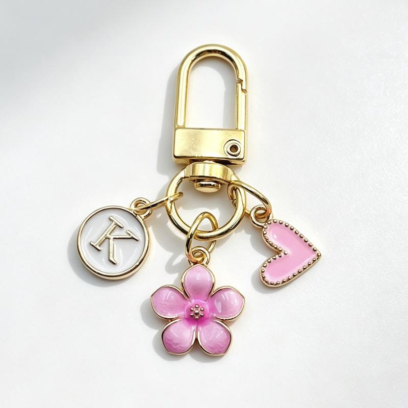 A-Z Letter Charm Enamel Keychain Pink Cherry Blossom Heart Design Key Ring for Graduation Souvenir Gift