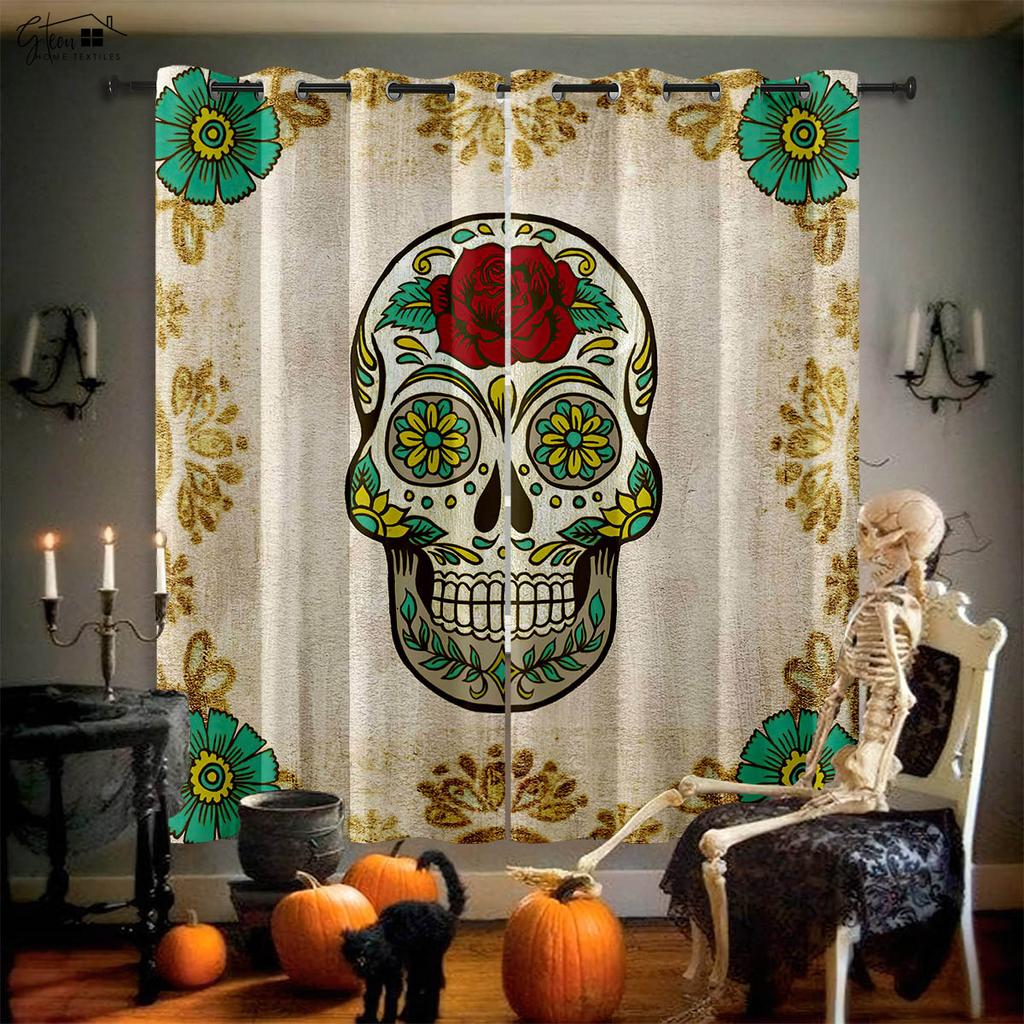 Skull Rose Curtains Retro Tricky Dark Ins Secret Room Bar Bedroom Halloween Christmas Holiday Decoration Curtains 2PCS