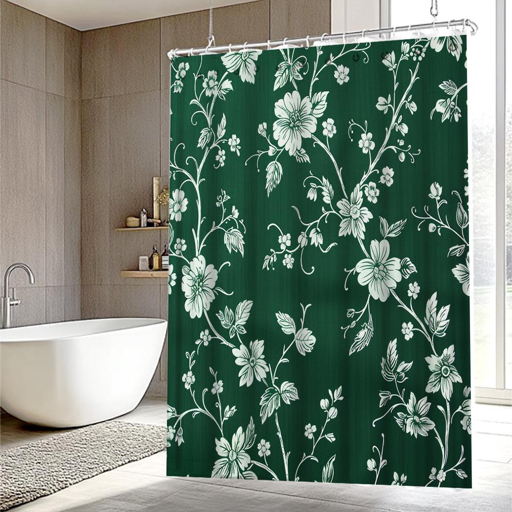 

Elegant Green Floral Shower Curtain - Waterproof, Mildew-Resistant with Classic White Flower Design for Sophisticated Decor W90XH180cm