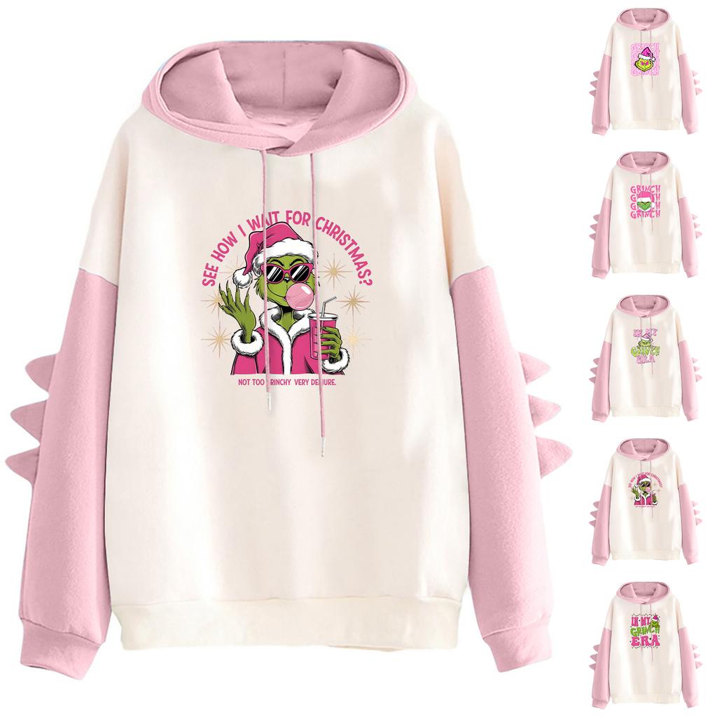Women's Christmas Printed Contrasting Dinosaur Loose Casual Hoodie