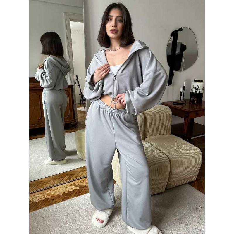Womens Casual 2-Piece Set: Solid Color Long Sleeve Zip-Up Hooded Sweatshirt Elastic Waist Jogger Pants