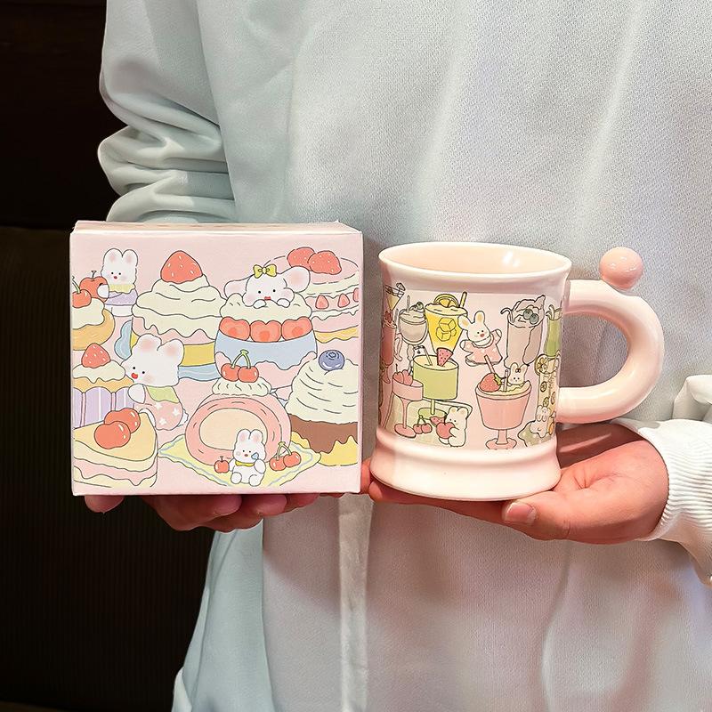 Romantic Pink Ceramic Mug Cute Little Rabbit Birthday Gift Cup Household Coffee Cup Water Cup Color Box