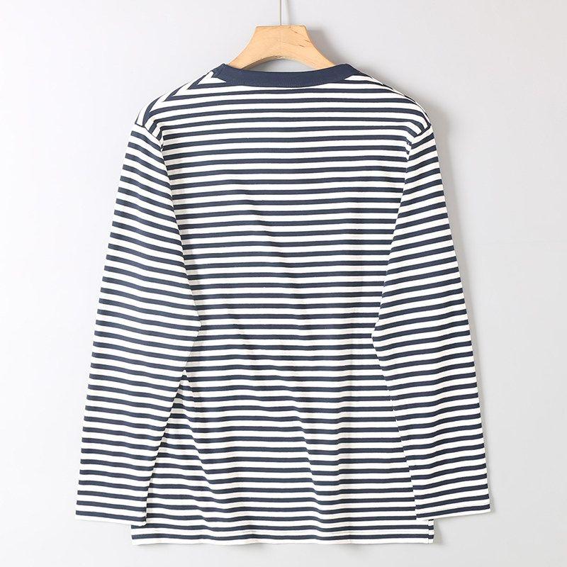 Men's Loose Casual Round-Neck Long-Sleeve T-Shirt Made of 100% Cotton, Washed, Double-Sided, Yarn-Dyed Striped Sailor Shirt, Suitable as a Base Layer