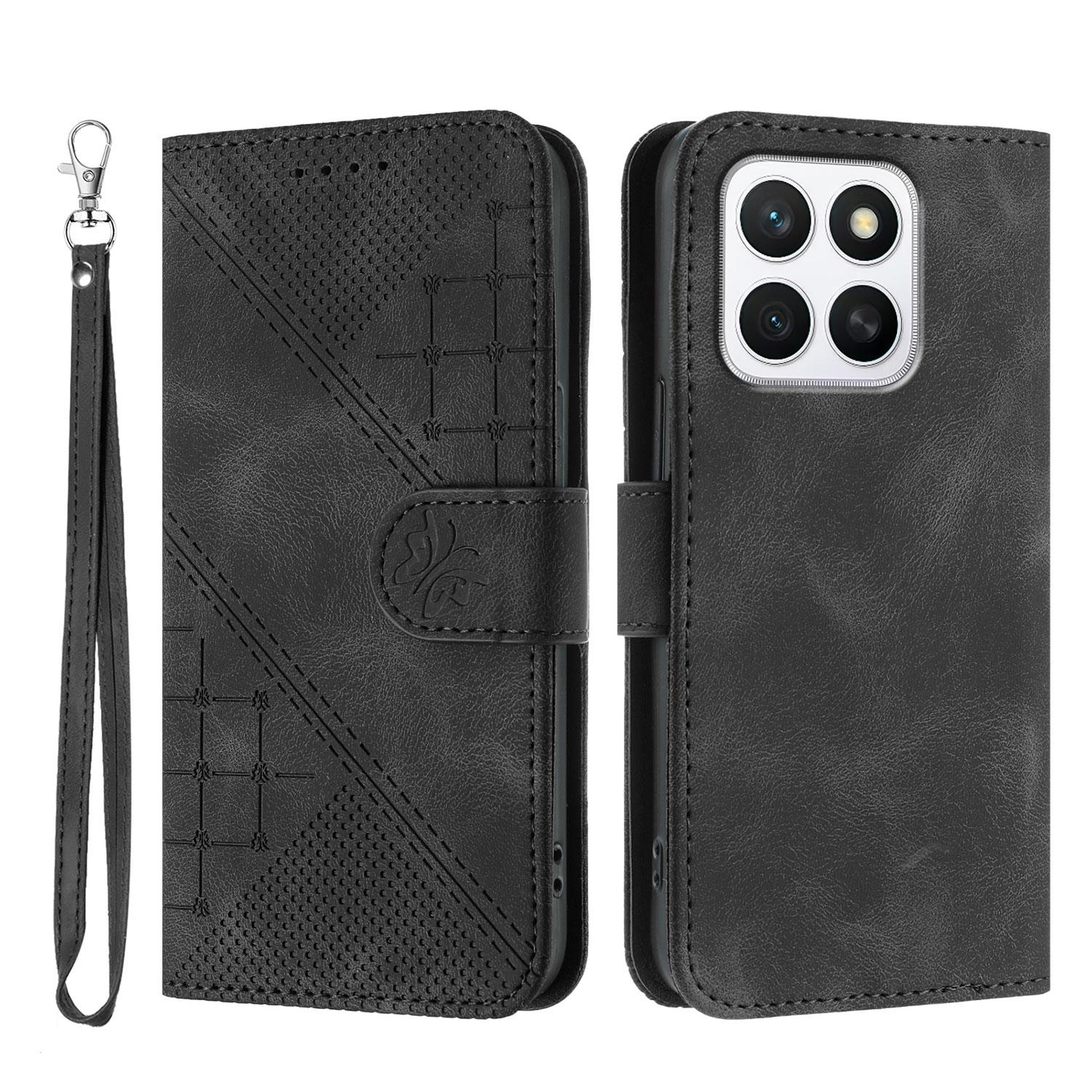 

For Honor X8b 4G/Honor X8c 4G Leather Wallet Case Butterfly Flower Imprinted Phone Cover with Strap Black