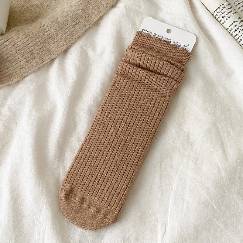 Female Autumn and Winter Warm Lace Straight Board Solid Color Thin Tube Stack Socks