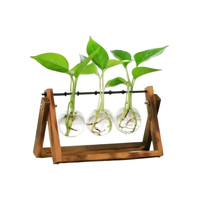 

New 3 Bottles Wooden Stand Flower Vase Planter Ins Style Garden Office Hydroponic Decor Retro Plants Pot With Wooden Support
