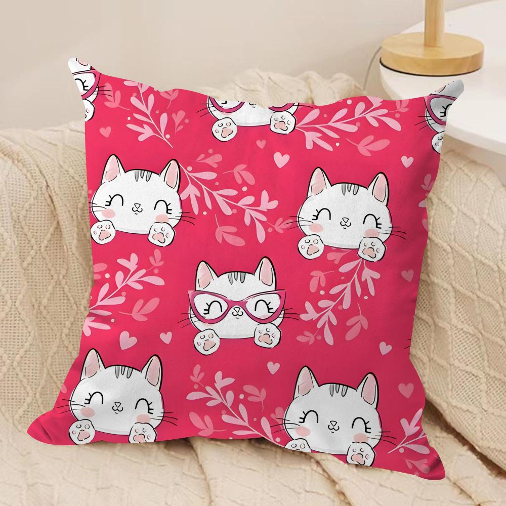 Cute Cat Cushion Cover Soft Plush Fabric DoubleSided Printed Sofa Cushion Cover for All Seasons Home Decor Gift