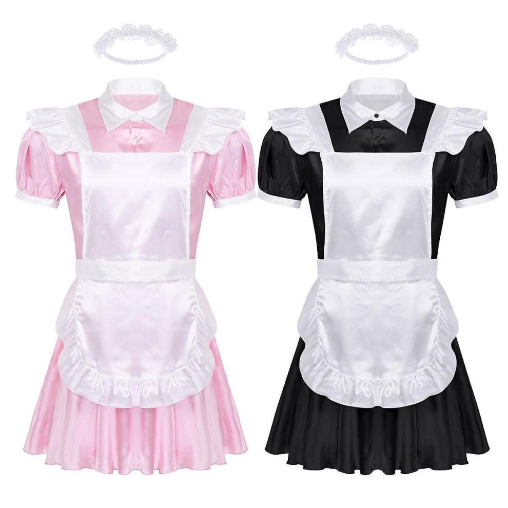 Men Sissy Maid Cosplay Costume Outfit Dress with Apron and Headband