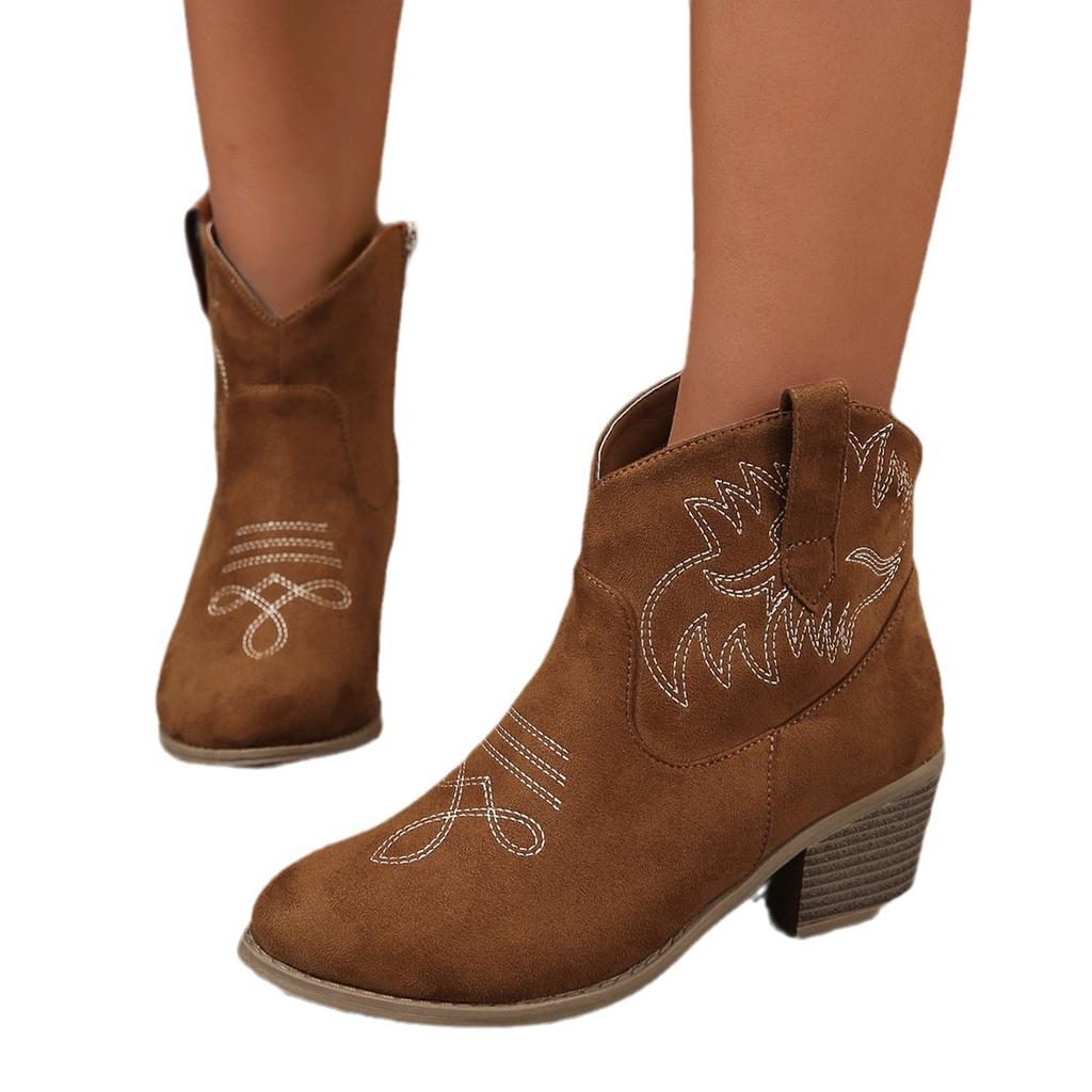 Embroidery Coarse Heel Leather Short Boots Women's Embroidery Round Head Side Zipper Middle Heel Martin Boots