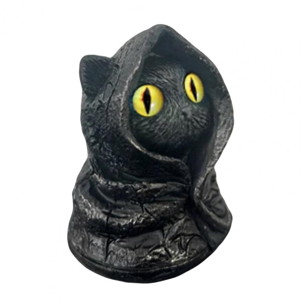 Black Cat Statue Mysterious Hooded Black Cat Figurine Statue with Big Eyes Mini Desktop Ornament for Home Office Decor Gift Hand