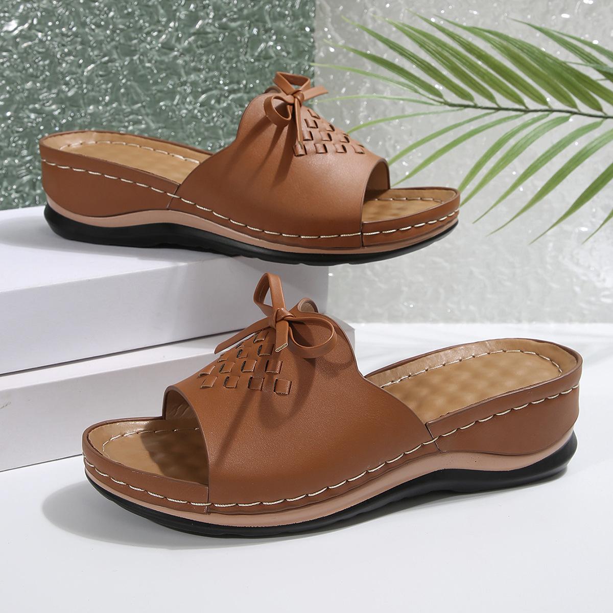 

2025 Fish Mouth Open Toe Шлепанцы женские нескользящие танкетки удобные тапочки больших размеров 43 коричневый