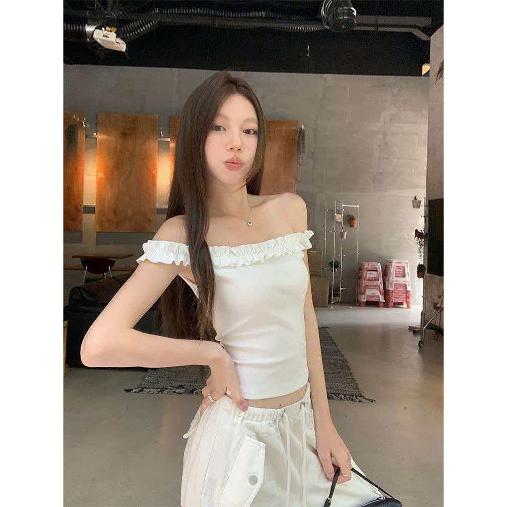 

Pure desire one-word shoulder T-shirt women s summer new design sense niche fungus edge slim-fitting sweet Spice Girl top s ( 40-45kg )