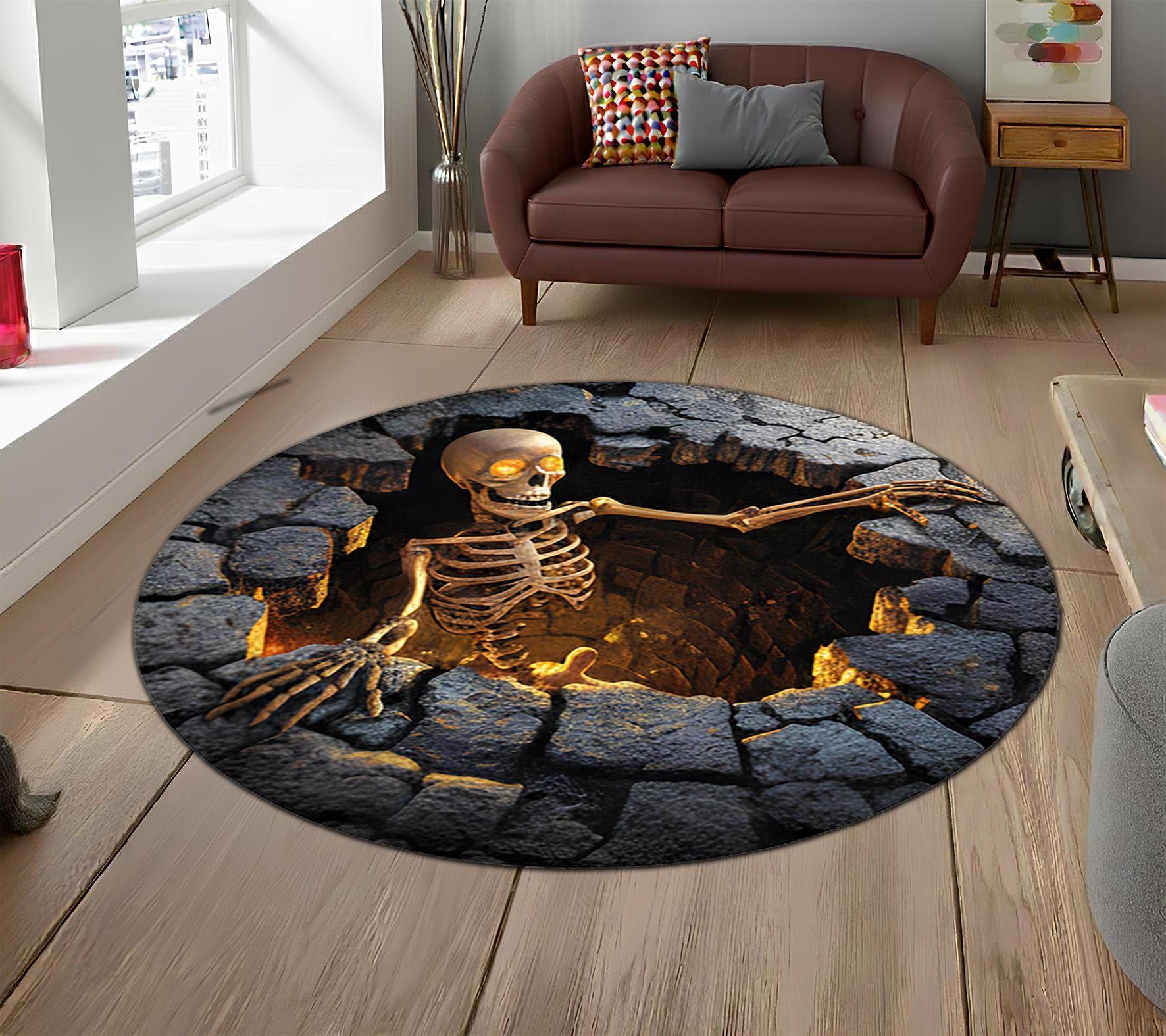 

2D Fire Pit Skull Printed Carpet Weird Decorative Circular Door Mat Living Room Bedroom Horror Home Decor, Carpet 80cm x 80cm