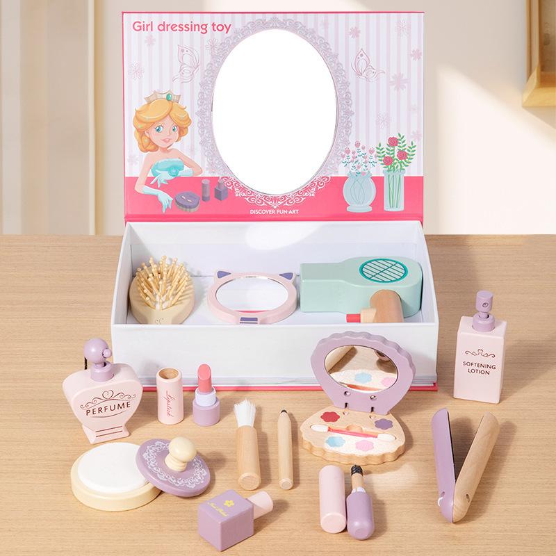 Имитированный туалетный столик Детские игрушки для игрового домика Игрушки для девочек Имитированный макияж Пазл Раннее развитие Деревянный набор принцессы