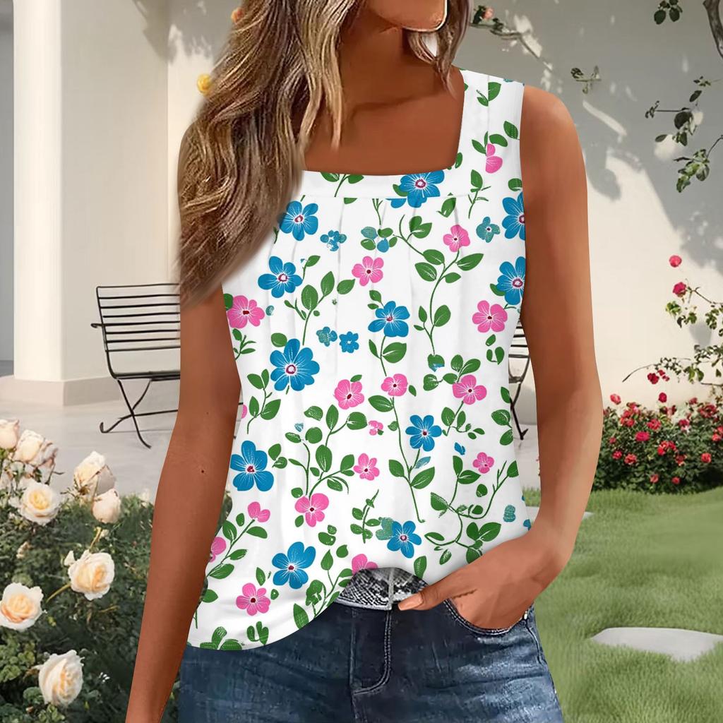 Damenmode Plissiertes bedrucktes Square-Neck West Top