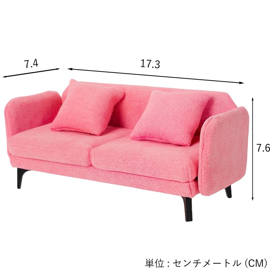 Puppenhaus Miniaturmöbel im Maßstab 1:6, Kompaktes modernes Sofa, Kirschrosa, mit 2 Kissen, Puppensofa, Miniatur-Interieur