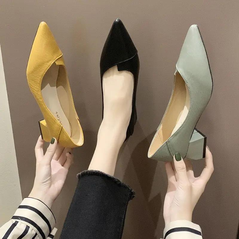 Fashion Pointed Toe Chunky Heels Women's Shoes Leather Casual Block Heel Ladies Pumps with Medium on Promotion Fashion Genuine Mark Y2k