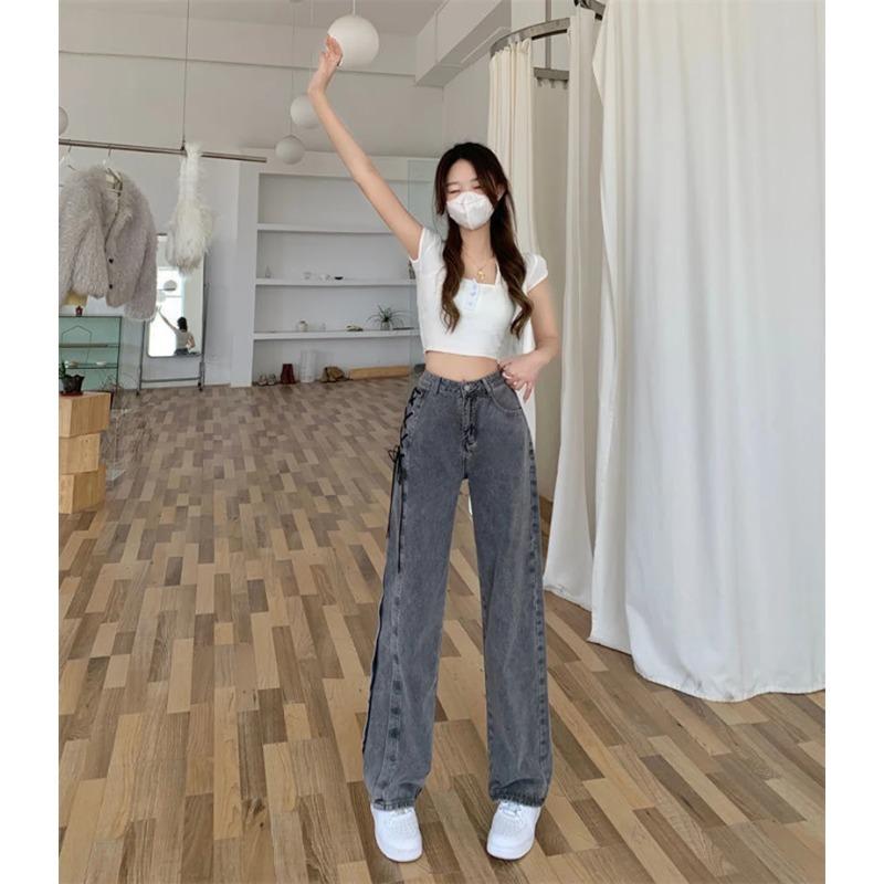 Y2K Street Women Jeans Pants American High Waist Lace Up Chic Female Casual Pants Korean Vintage Ladies Wide Leg Trousers