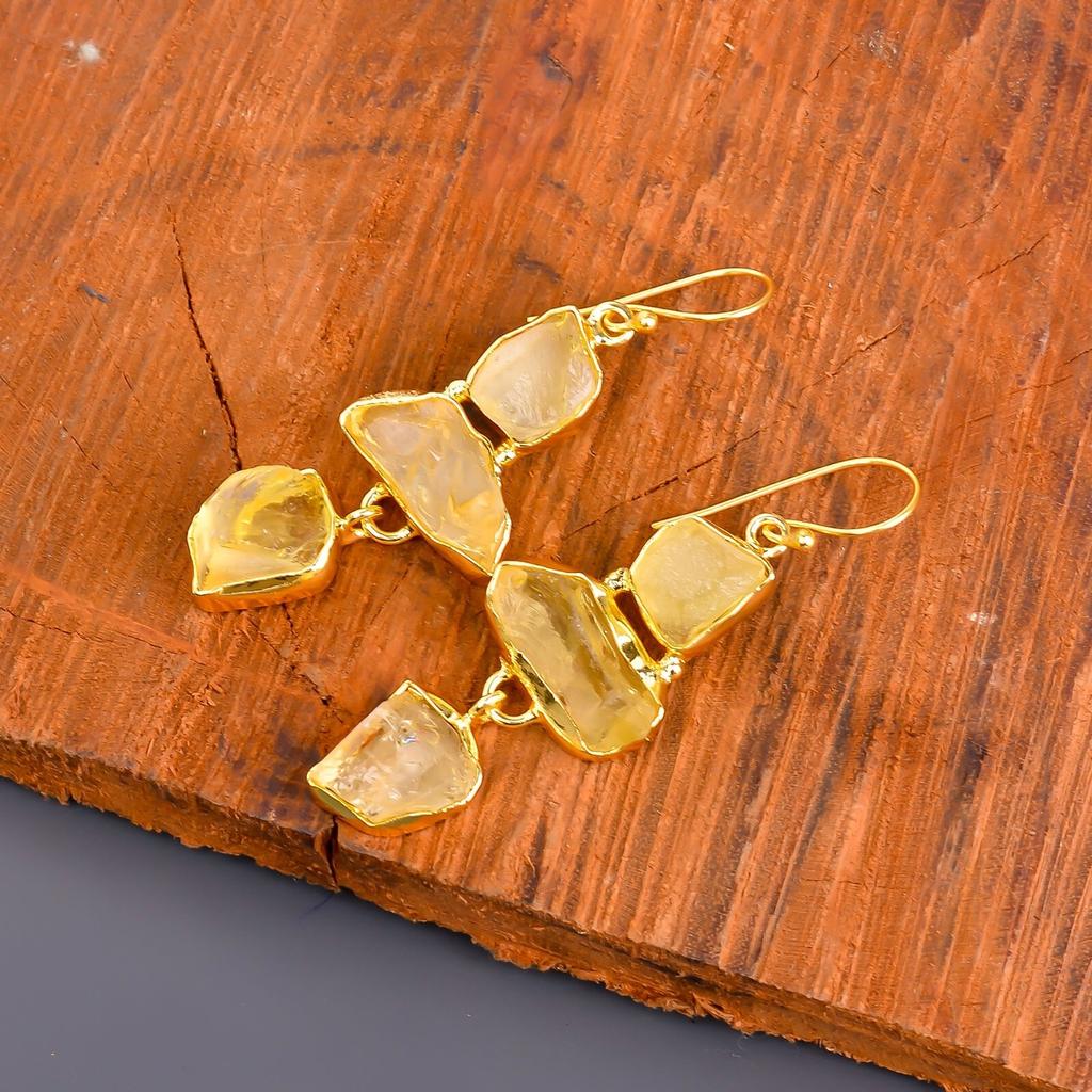Citrine Gemstone Gold Plated Elegant Electroformed Dangle Drop Earrings Jewelry V-116