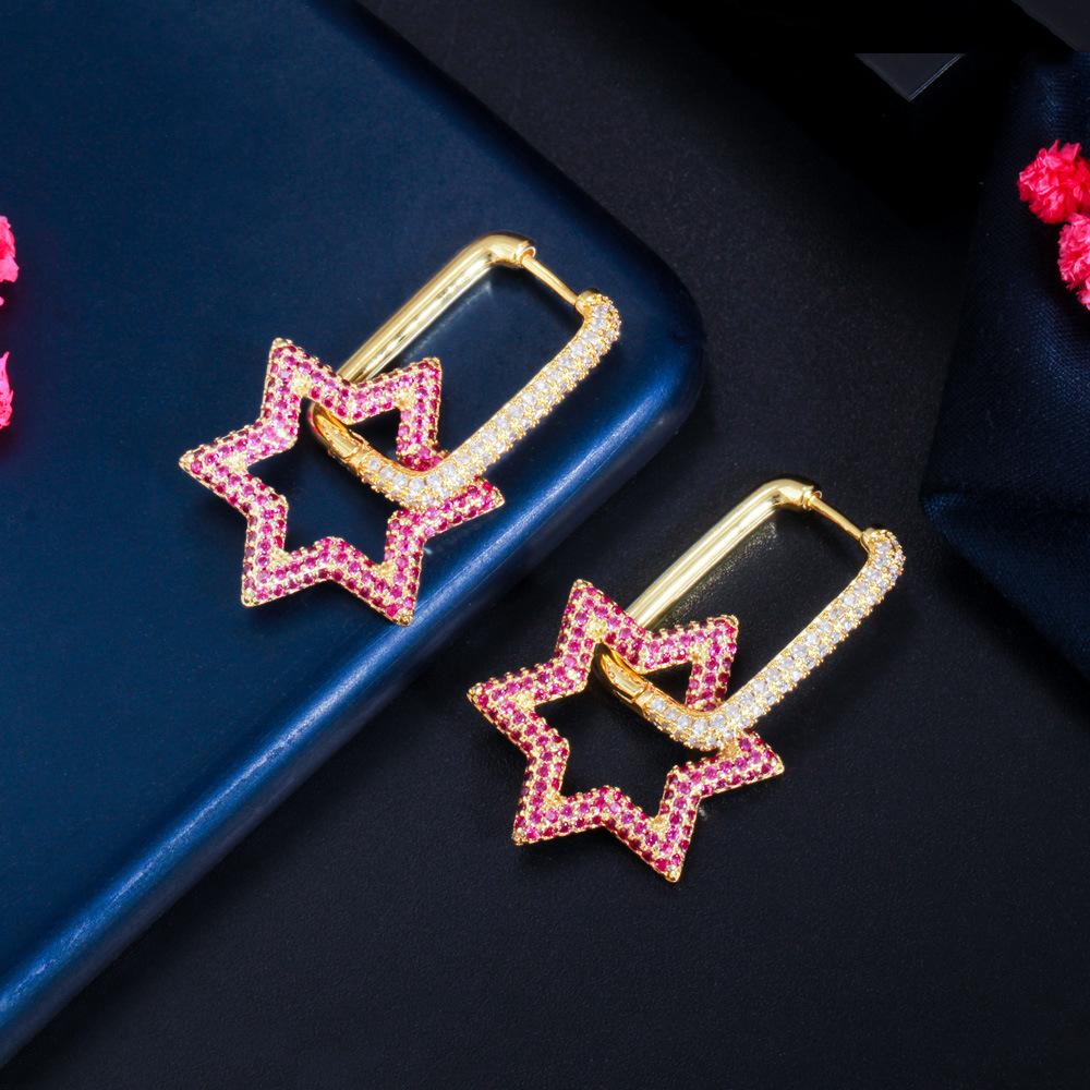 Hexagonale Geometrische Verschluss Damenohrringe Kreativer Stern Leicht Eingelegter Farbiger Zirkon Beliebter Ohrschmuck