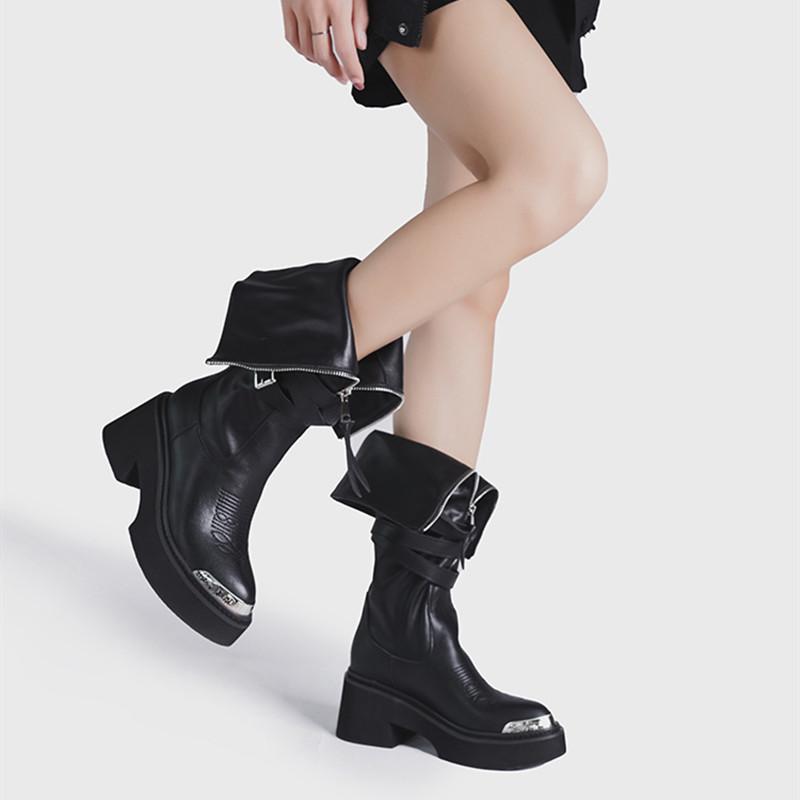 Fashion Autumn Winter Fashion Zipper Leather Women Knee-high Motorcycle Booties Casual Wedges Chunky High heels Knight Long Boots Shoes