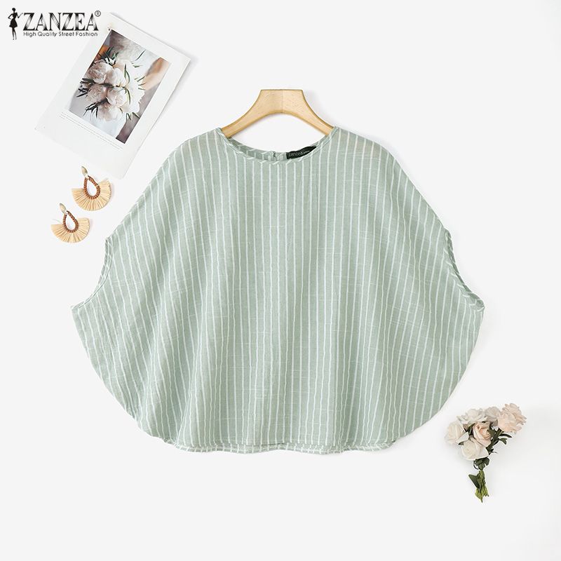 ZANZEA Women Casual Round Neck Dolman Sleeve Summer Stripe Blouse