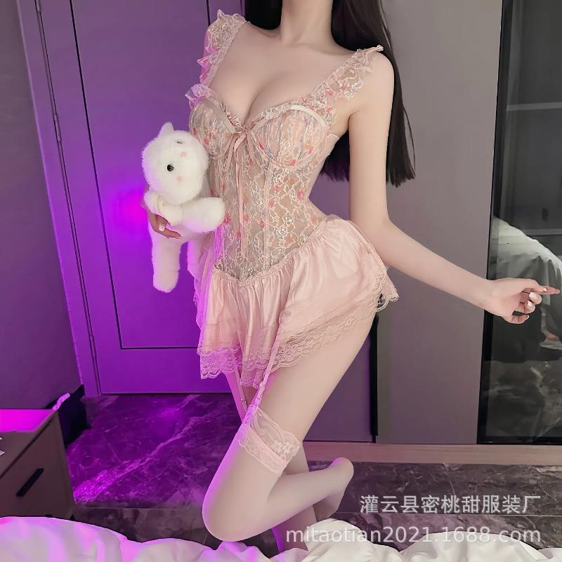 Sexy lingerie Sexy slim-fitting small breasts gather pajamas Uniform Sweet wind floral printing and dyeing suspender vest