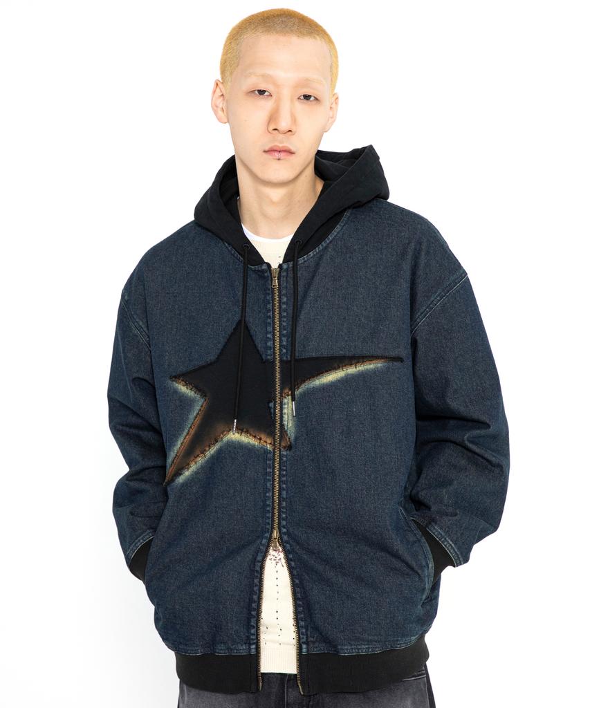 Xtonz Xtt061 Vintage Washed Star Denim Zip-Up Hoodie (Deep Blue)