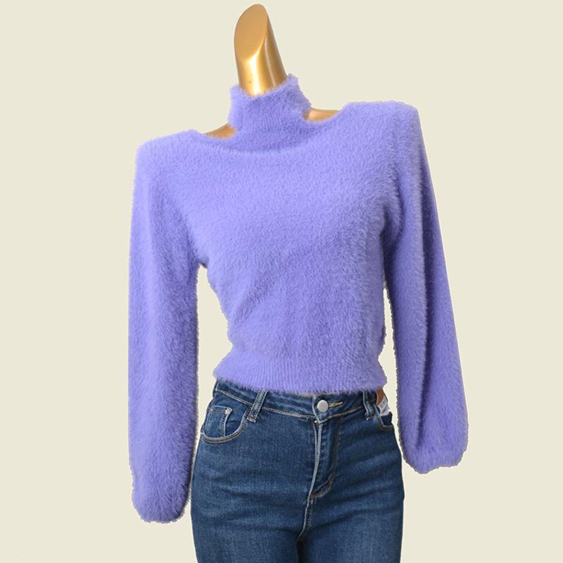 

Pure Desire Style Imitation Mink Backless Sweater Double-Sided Wear Sexy Long Sleeves Half Turtleneck Heattech Tops Women Violet(Can be worn front and back) One size