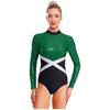 Glänzender Pailletten-Gymnastik-Leotard für Damen, Kontrastfarbe, Langarm, Rücken Ausgeschnitten, Einteiliger Body, Eiskunstlauf-Bekleidung