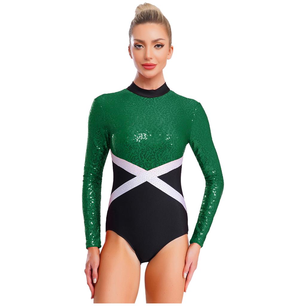 Glänzender Pailletten-Gymnastik-Leotard für Damen, Kontrastfarbe, Langarm, Rücken Ausgeschnitten, Einteiliger Body, Eiskunstlauf-Bekleidung