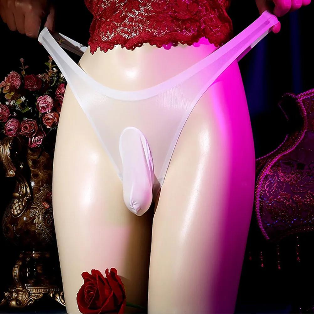 Sheer Glossy G-String Ice Silk Sissy Pouch Panties Men Sexy Lingerie Breathable Transparent Quick-Drying Underwear Elastic Thong
