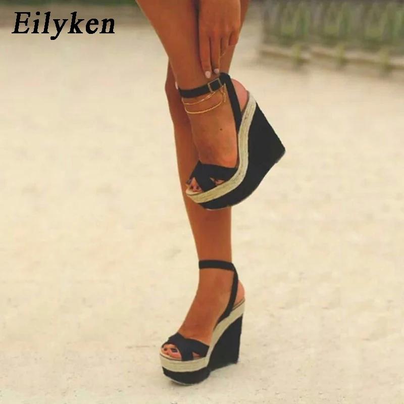 Fashion Eilyken Fashion Peep Toe Narrow Band Women Sandals Summer Ankle Buckle Strap Platform Wedges High Heels 15CM Sandals