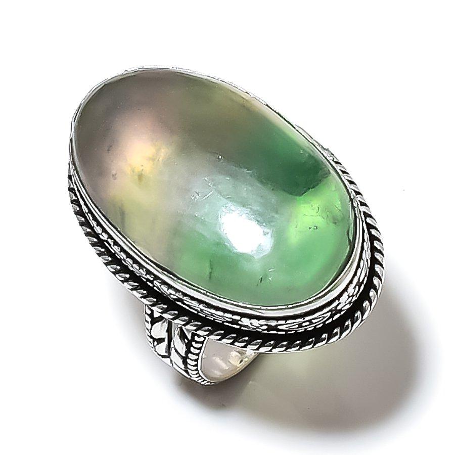 Naturlig Grön Fluorit Ädelsten 925 Sterling Silver Presentring Storlek 6.5 R9K39