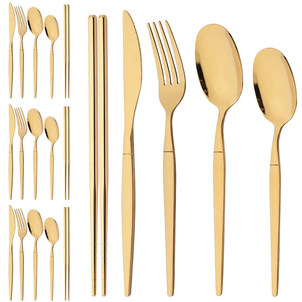 20-teiliges goldenes Geschirrset Edelstahl Tafelgeschirr Steakmesser Gabel Löffel Teelöffel Essstäbchen Besteckset Küchenbesteck