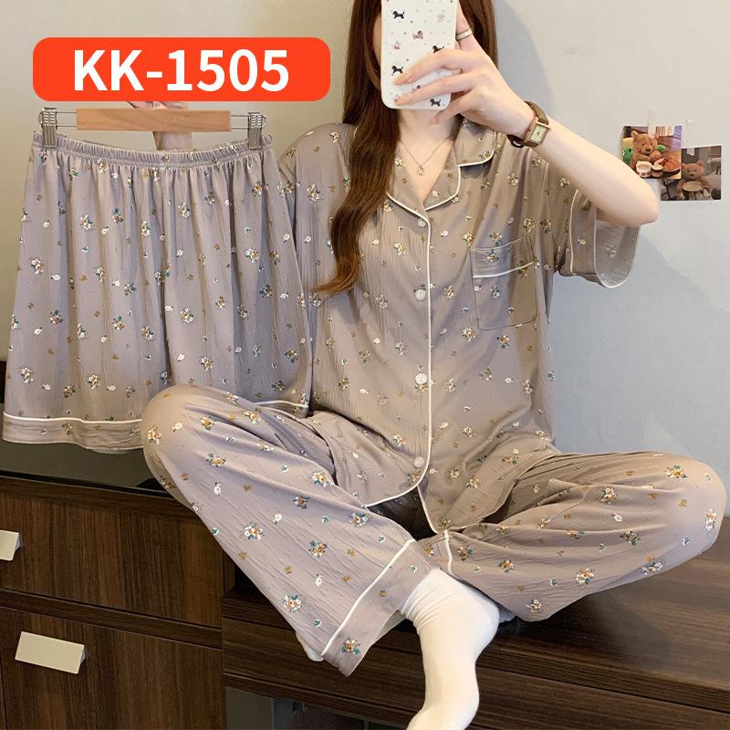 Retro Small Floral High-End Wrinkled Cloth Pajamas Women'S Summer Casual Homewear Short-Sleeved Three-Piece Set