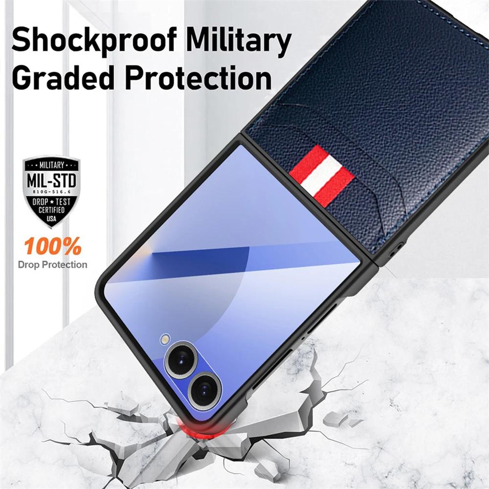 High-End Handyhülle aus Leder mit Litschi-Muster für Samsung Galaxy Z Flip 7 mit Einschubfach für Karten, Sturzschutzhülle, stoßfeste Abdeckung, Rückschale