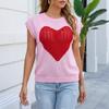 Spring and Summer Color-Contrasting Heart-shaped Casual Loose-Fitting Knit Pullover Women's Valentine's Day T-Shirt Top
