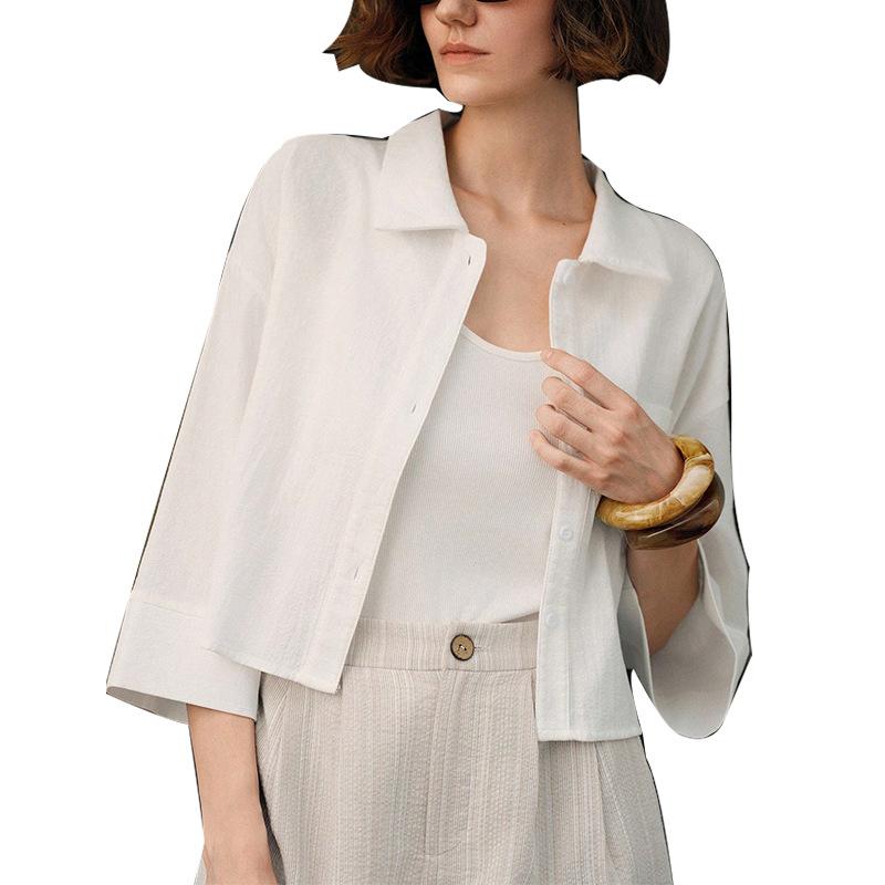 women s Oversized 3/4 Sleeve Cropped Blouse Casual Collared Shirt OL Commuter Top S белый