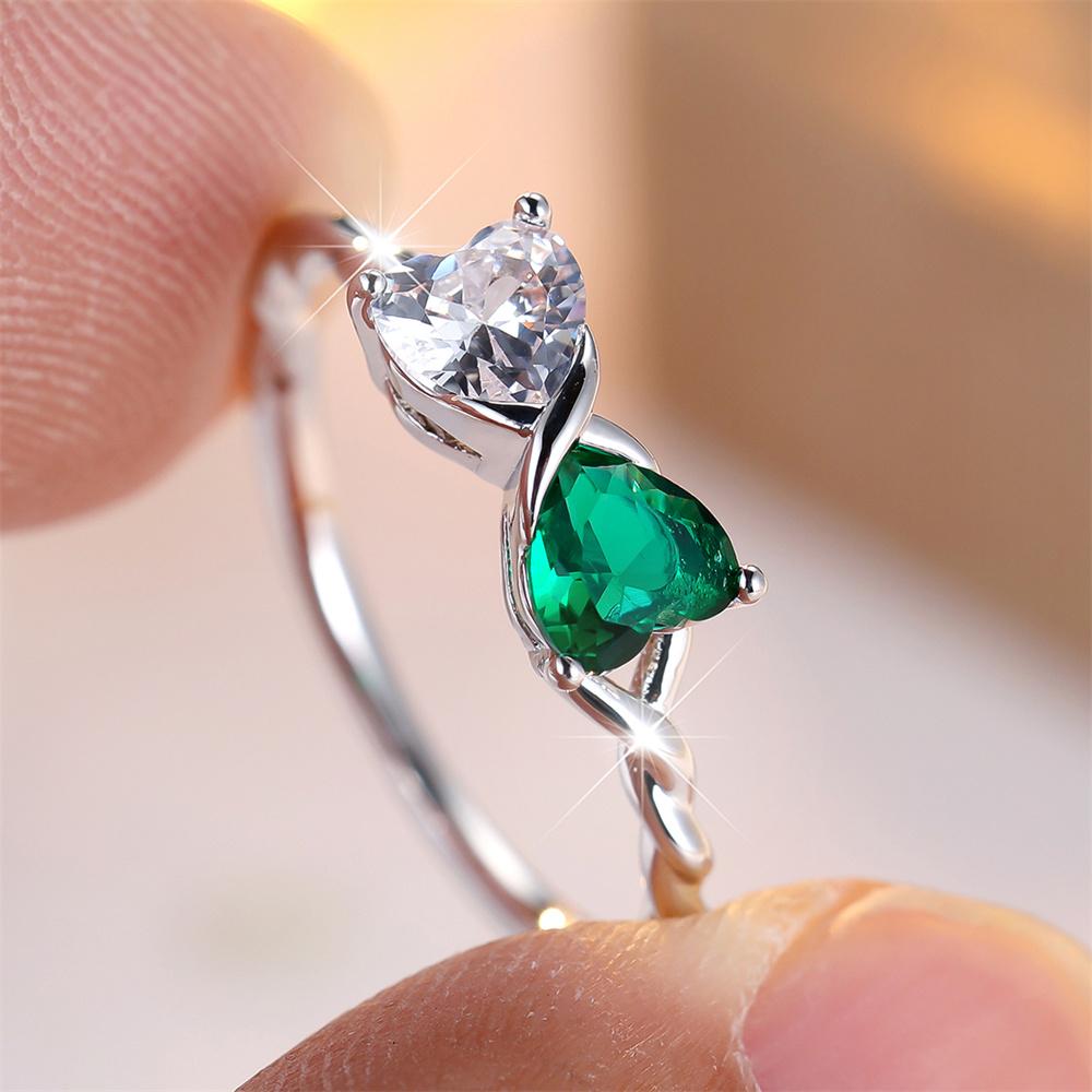 Double Heart Stone Green Crystal White Zircon Bowknot Rings For Women Rose Gold Silver Color Wedding Jewelry Valentines Day Gift