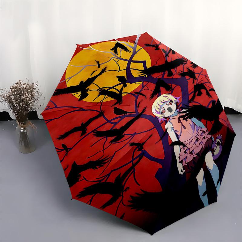 1 Stück Outdoor-Schirm mit Anime-Mädchen und Krähen-Design - Automatischer Öffnungs-/Schließschirm mit tragbarem 3-fach faltbarem Design, 8-Speichen-Eisenrahmen - Perfe