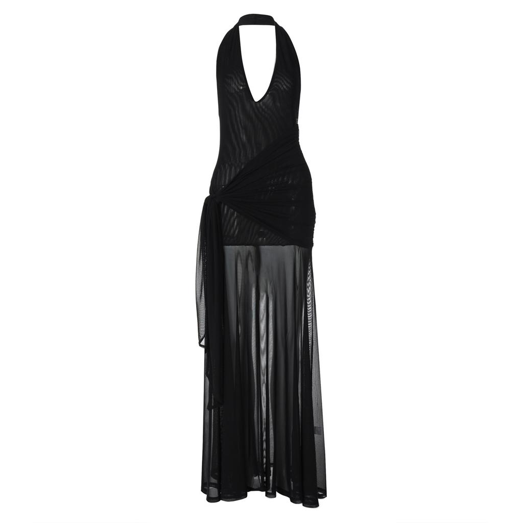 Mode Nouvelle Robe d'Été Sexy pour Femme, Creuse, Col en V Profond, Dos Nu, Patchwork en Maille, Lien à la Taille sur le Côté