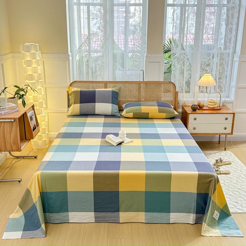 3Pcs 100% Cotton Simple Plaid Pattern Bed Sheet Set Skin-friendly Comfortable Geometric Printed Flat Sheet with Pillowcases