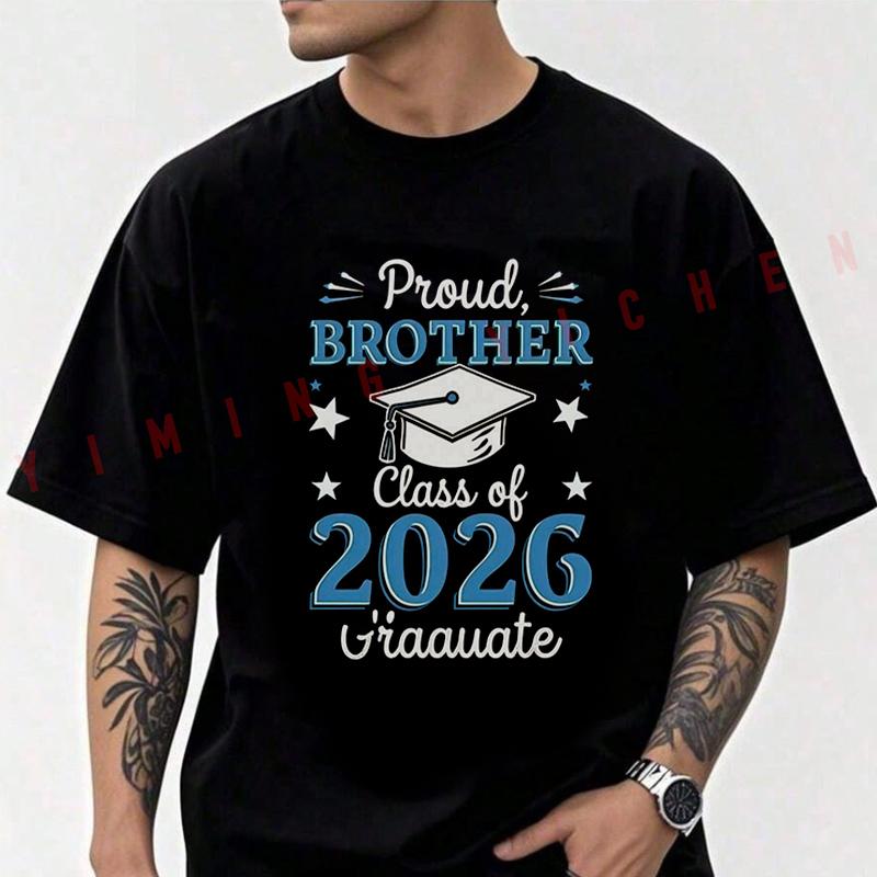 Class Of 2026 Graduate - Proud Brother Graduation Cap & Diploma Design Moto T-shirt Summer Cotton Short Sleeve Casual Tops