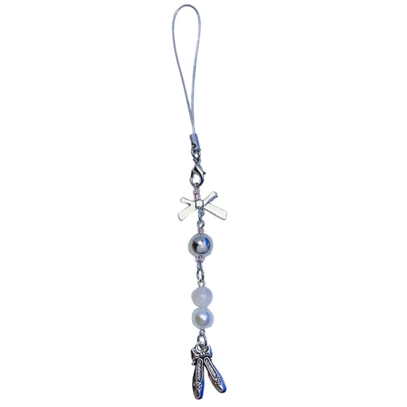 Korálkový telefonní šňůrka s mašlí a přívěskem na zápěstí, odnímatelný baletní střevíček, řetízek na klíče, přenosné příslušenství pro ženy