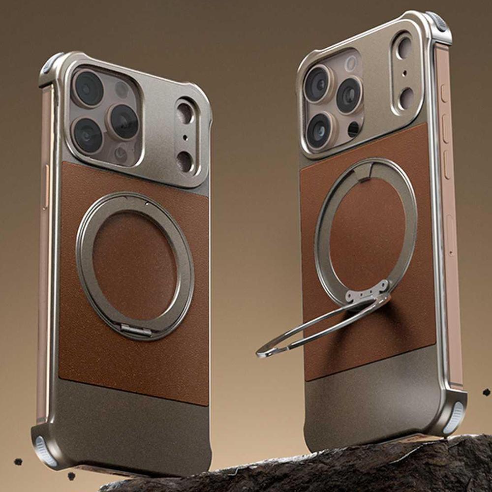 

Магнитный чехол для iPhone 15 Pro Max с подставкой, безрамочная задняя крышка для телефона из ПУ+металла, устойчивая к падениям Brown