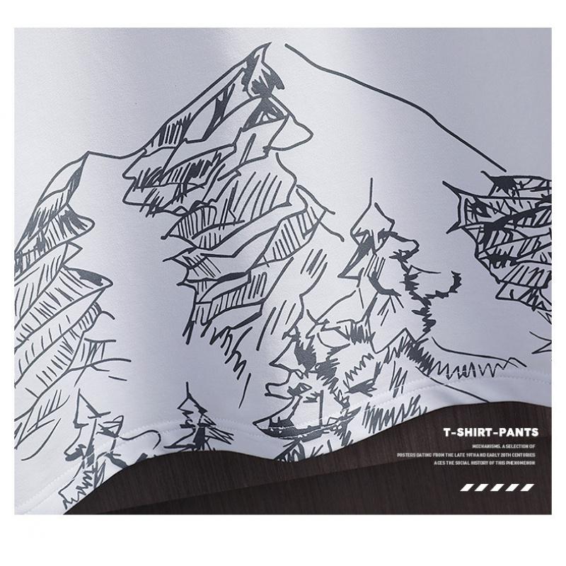 Short-Sleeved T-shirt Suit Men's Summer New Snow Mountain Printing Fashion Trendy Korean Style Slim Fit Large Size Sports Two-Piece Suit