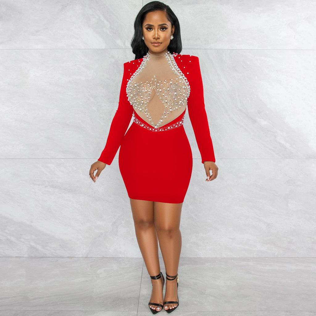 Fashion Sexy Rhinestone Mesh Beaded Backless Long Sleeve Midi Dress for Women