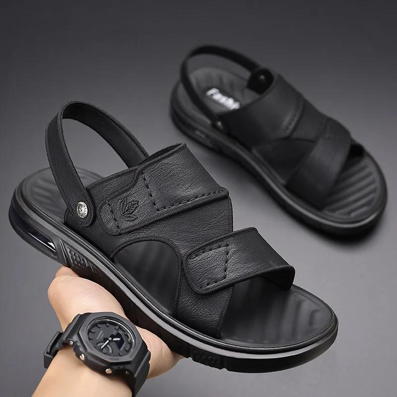 FashionNew Men's Sandals Summer Non-slip Wear-resistant Leather Men's Beach Shoes Fashion Casual Male Slippers